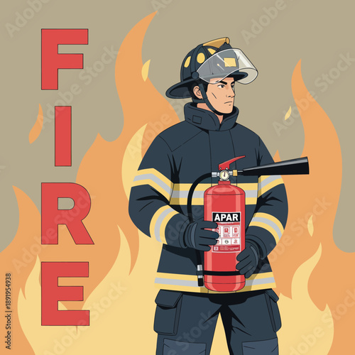 Firefighter Holding Fire Extinguisher in Flames.