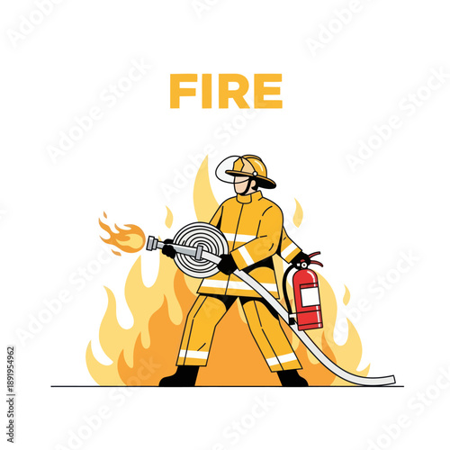 Firefighter in Action with Fire Hose.