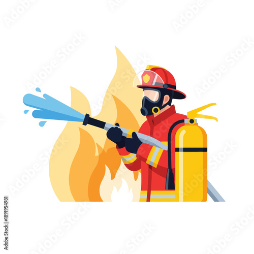 Firefighter in Action with Fire Hose.