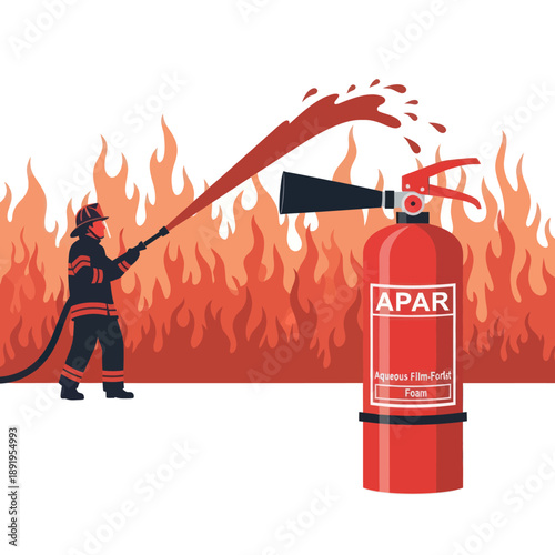 Fire Extinguisher and Firefighter Fighting Fire.