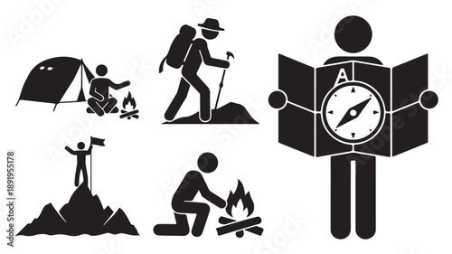 Outdoor Adventure Activities Pictogram Set with Black and White Monochrome Vector Illustration for Travel and Exploration Guides.
