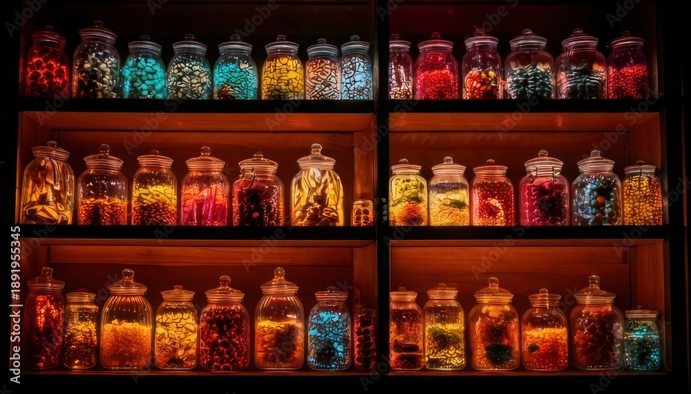 Obraz premium Lit wooden shelves filled with glass jars containing colorful contents