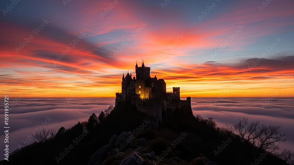 Fototapeta premium A majestic castle sits atop a hill during a vibrant sunset