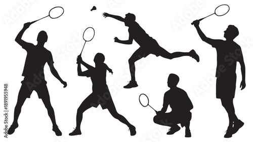 Badminton Players Silhouettes Dynamic Active Black Vector Illustration for Sports and Fitness Design.
