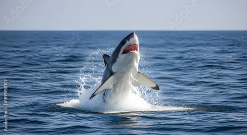 Great White Shark Breaching Out of Ocean Water with Open Jaws