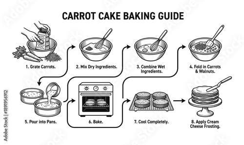 Baking carrot cake instructions infographic shows preparation stages in sketch drawing