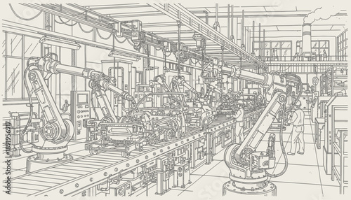 Robot Arms Assembling Cars in Factory Setting