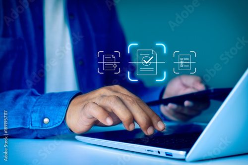 Photography Mobile OCR document scanning technology for digital paperwork management, showin