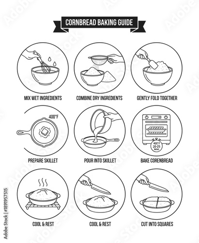 Cornbread baking guide vector illustration instruction icon element food recipe outline