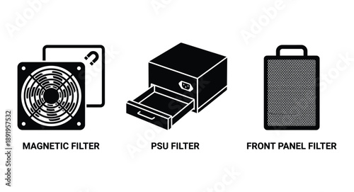 Computer pc cooling and power filters vector icon set for magnetic psu and front panel dust protect