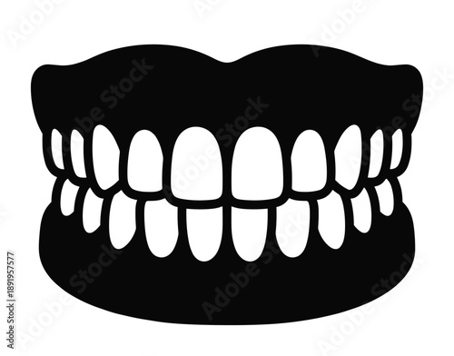 Dentures or false teeth vector silhouette representing dental prosthesis and teeth replacement