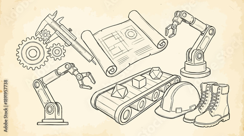 Robotic Arms, Factory, Industrial Illustration