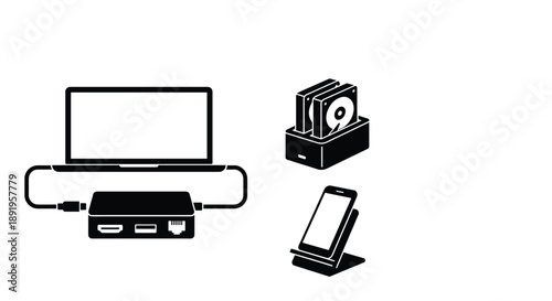 External hard drive and usb hub connection vector icon for computer data storage device technology design