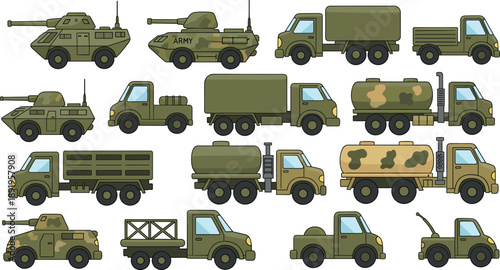 Army Military Vehicle Set with Tanks, Armored Trucks, Transport and Missile Carrier Vector Illustration