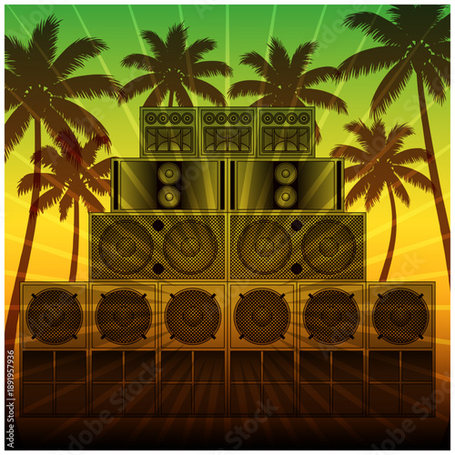 レゲエフライヤー風 サウンドシステムとヤシの木のベクター背景｜Reggae Flyer Style Vector Background with Sound System and Palm Trees