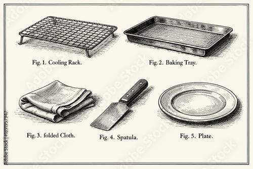 Vintage kitchen tools sketch including rack tray cloth spatula plate