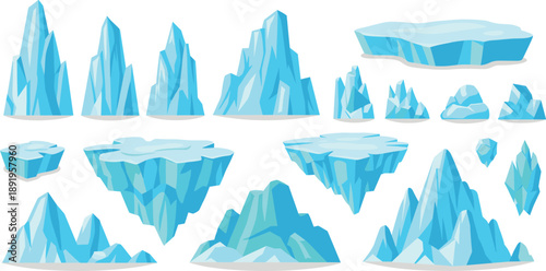 Arctic Iceberg and Glacier Landscape Vector Set with Floating Frozen Platforms and Peaks