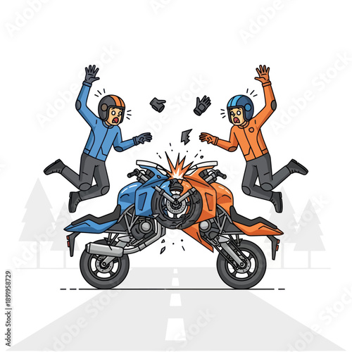 Motorcyclists Crashing Bikes on Road Accident.