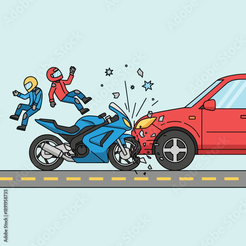 Motorcycle Crash with Car and Riders.