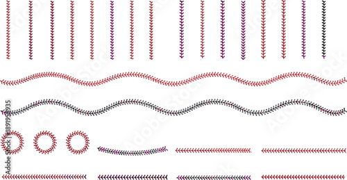 Baseball stitch divider vector set with decorative seams, wavy lines and sport design elements