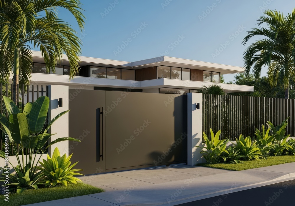 Fototapeta premium Premium architectural visualization of a contemporary tropical residence featuring an elegant anthracite sliding gate and minimalist fence design, house, stylish, elegant