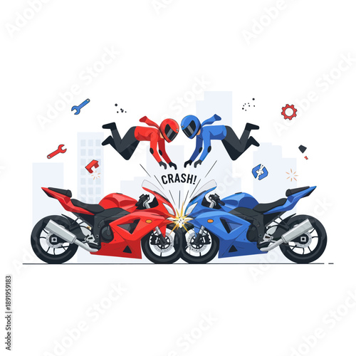 Motorcycle Collision Accident Crash Scene Illustration.