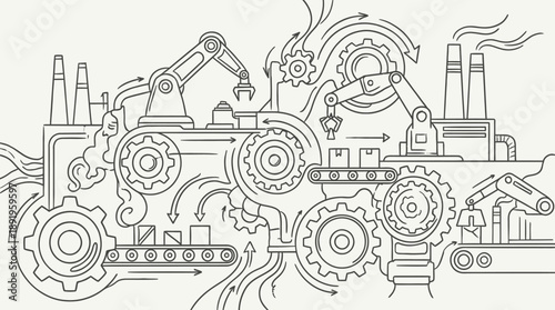 Manufacturing Process, Industrial Automation, Factory, Illustration, Technology
