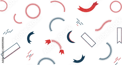 Abstract baseball stitch decorative elements vector with curved seams, banners and modern sport design shapes
