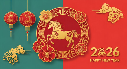 Golden horse image for Chinese New Year, with lanterns, flowers, and ornaments