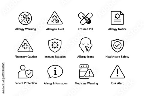 Allergy and healthcare warning icons set with allergen and medicine alerts