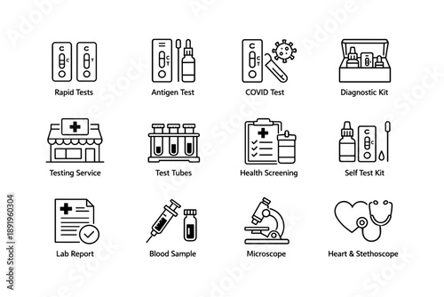 Medical testing icons: rapid tests, diagnostic kits, health screening, lab equipment