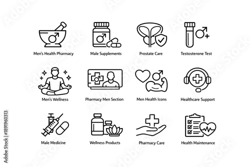 Men's health icons: pharmacy, supplements, wellness, prostate care, support