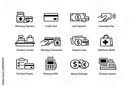 Retail and pharmacy payment icons set for checkout systems and transactions