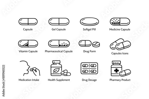 Different types of capsules and medication icons set
