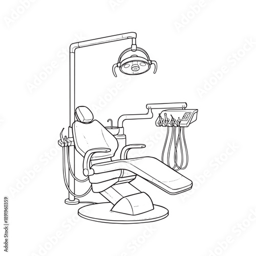 Line art illustration of a professional dental chair and medical equipment
