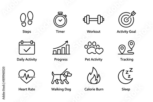 Fitness tracker icons for activity monitoring and health management