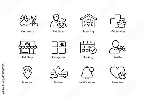 Pet service icons: grooming, sitter, boarding, vet, shop, categories, booking, profile