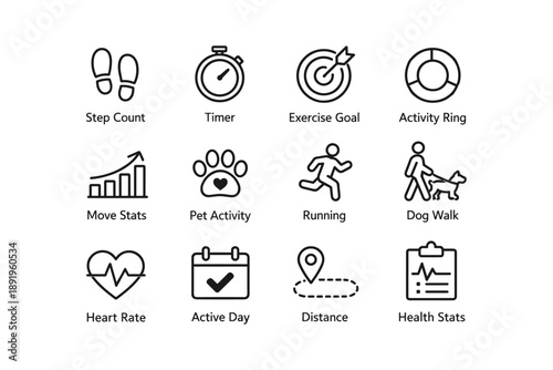 Fitness tracking icons: step count, timer, exercise goal, activity ring, pet activity, dog walk