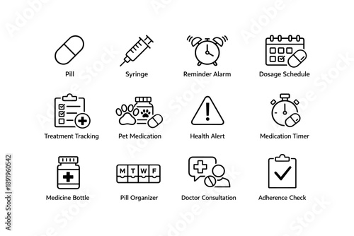 Medical icons set with pill, syringe, alarm clock, and health symbols