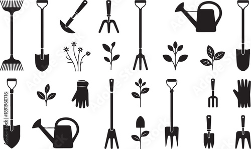 Gardening tools set watering can shovel rake hoe and gloves for planting and cultivation agriculture farm