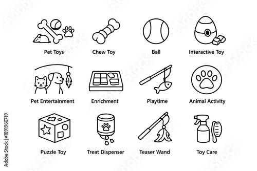 Pet toys and accessories icons: chew, ball, interactive, puzzle, treat, enrichment