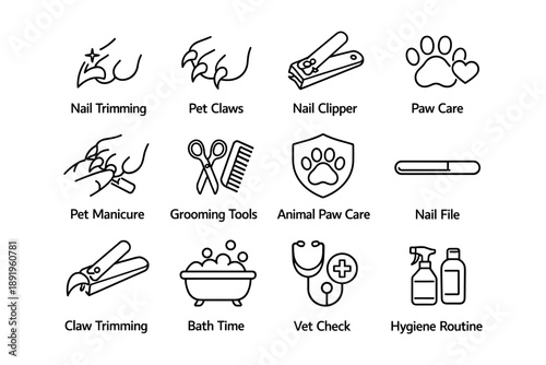 Pet grooming essentials: nail care, bathing, and hygiene tools icons