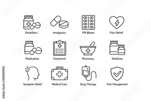 Medical icon set featuring painkillers, analgesics, and health care symbols