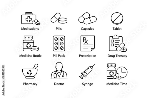 Medical icons: medications, pills, doctor, prescription, pharmacy