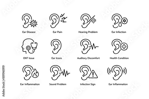 Ear health icons: ear disease, pain, hearing problem, infection, inflammation