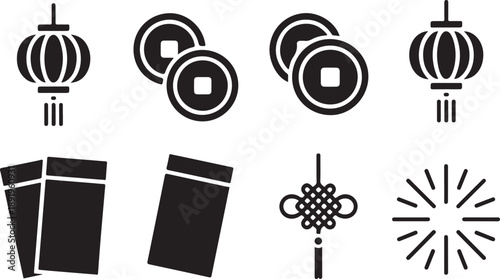 Collection of chinese new year symbols including lanterns coins envelopes and firework bursts