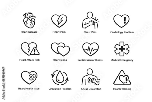 Heart health icons illustrating disease, pain, medical emergency, risk, and health warnings