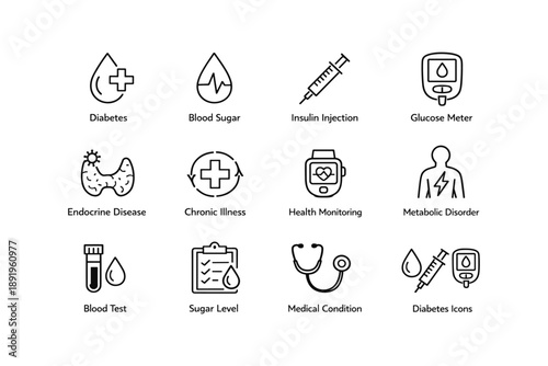Medical icons set featuring diabetes and health monitoring symbols