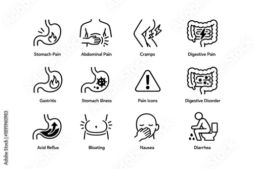 Icons illustrating digestive issues and symptoms including pain, cramps, and disorders