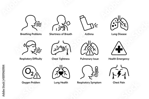 Breathing and lung health icons: respiratory issues and health concerns